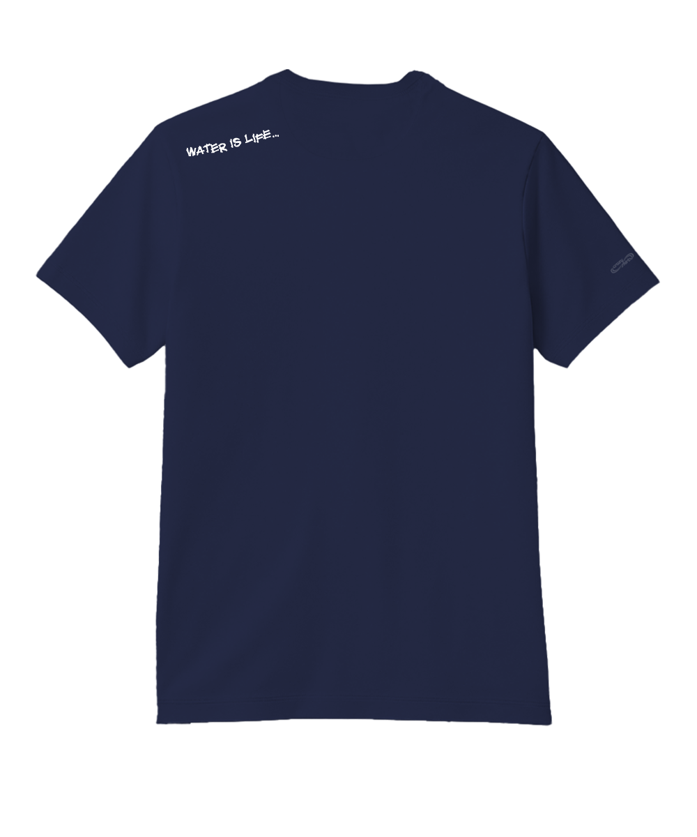 Navy blue t-shirt with text on the back on a white background View 4