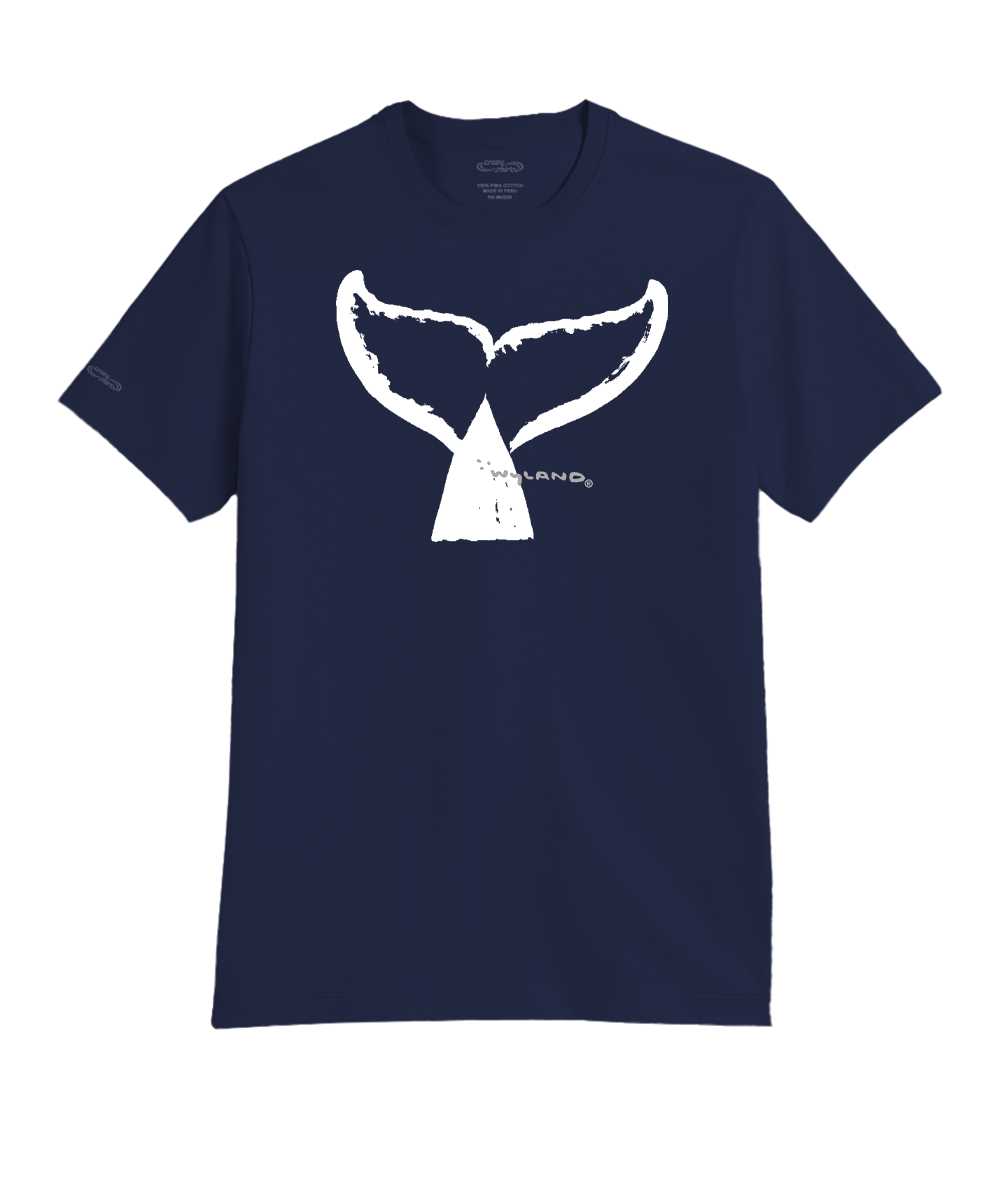 Navy blue t-shirt with a white whale tail graphic on a white background View 1