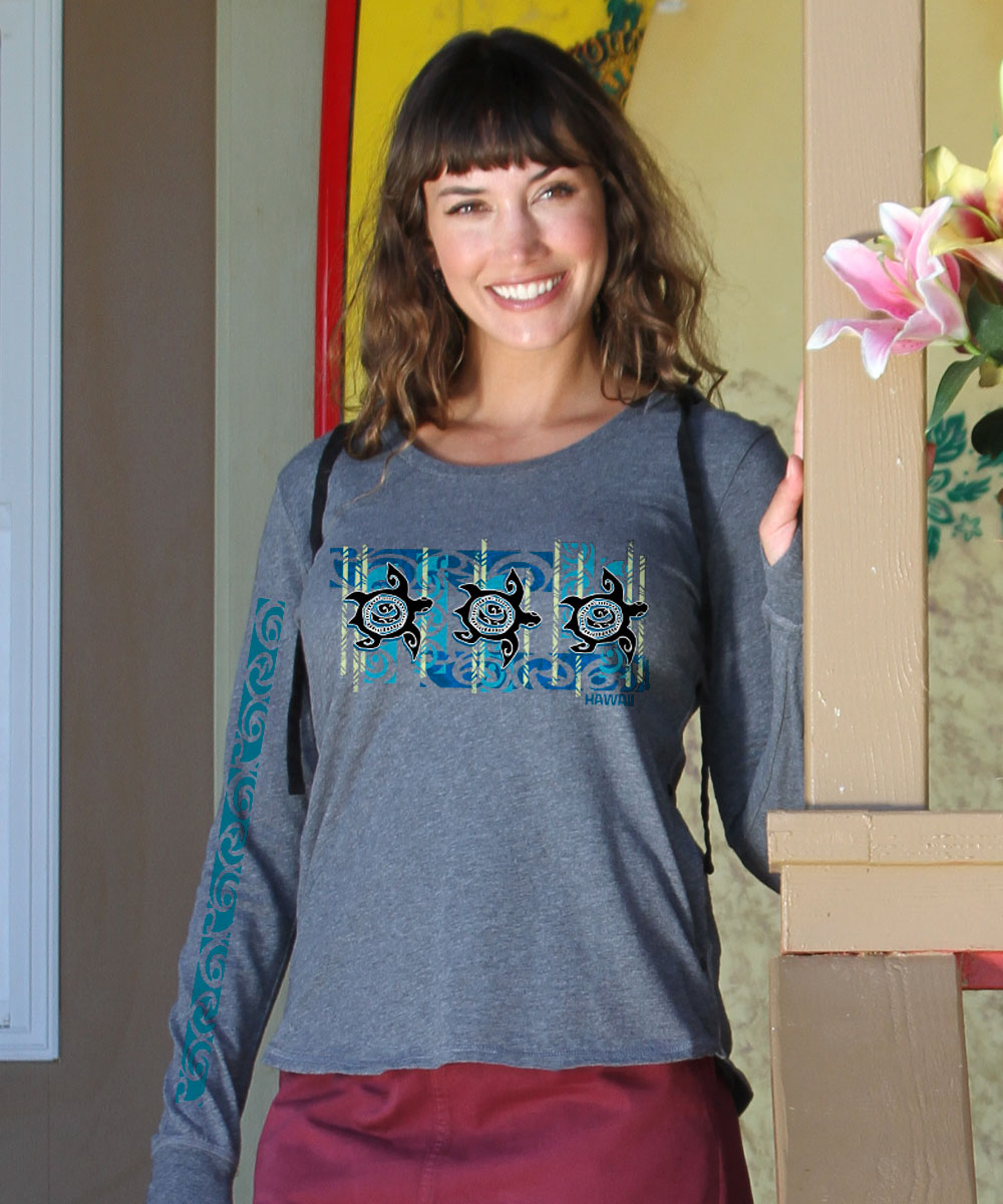 Nahele Honu - Gray Heather Long Sleeve Harmony Hooded T