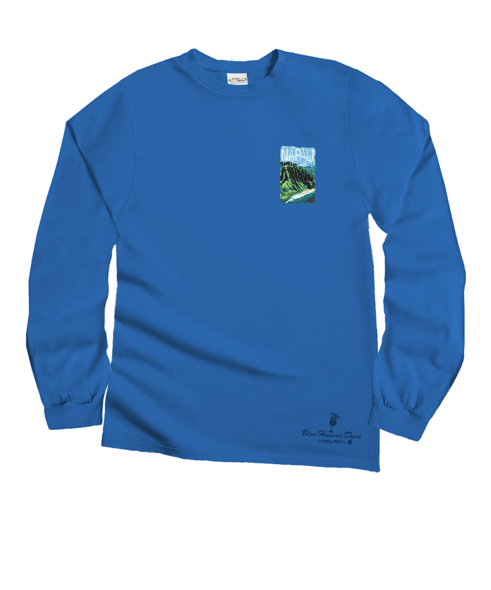 Blue long-sleeve shirt with a graphic on a white background View 4