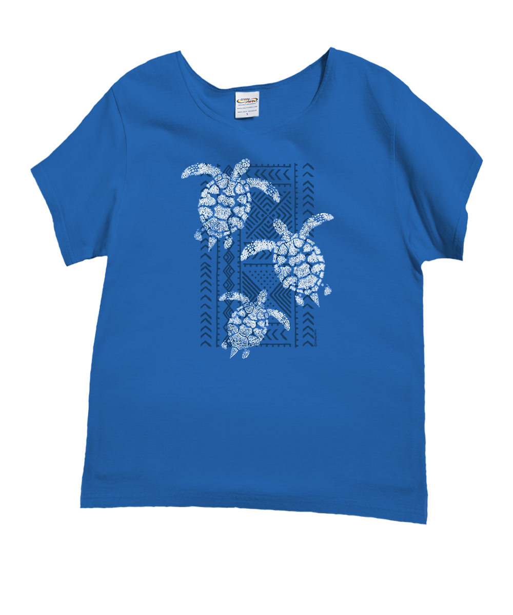 Blue t-shirt with turtle design on a white background