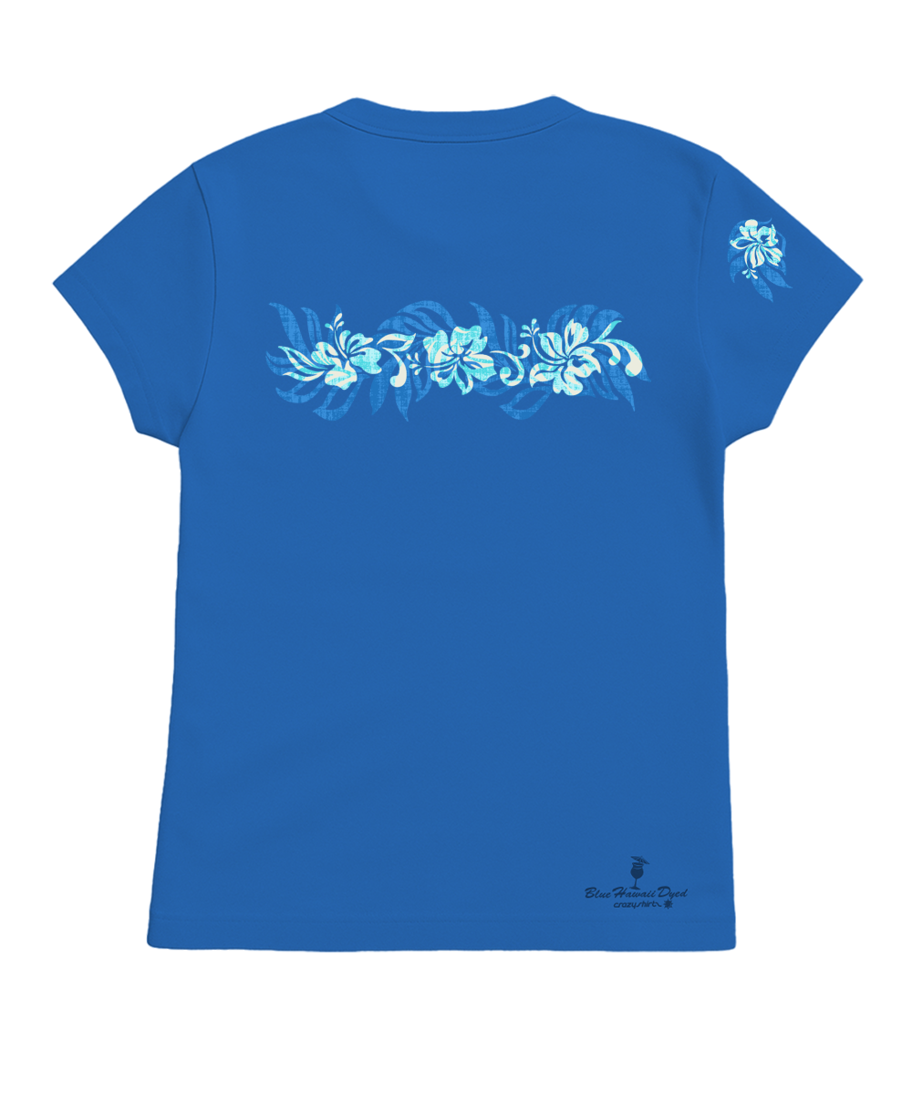 Blue t-shirt with a white print on a white background. View 4