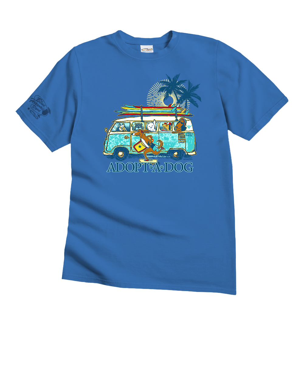 Adopt A Dog Surf Bus T-Shirt Men's Blue Hawaii Dyed Crewneck
