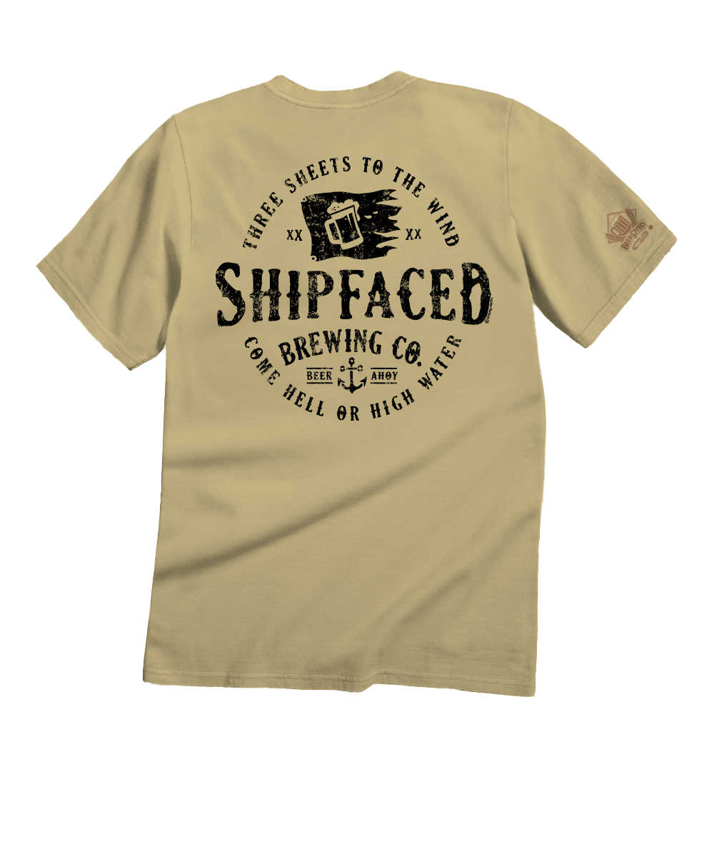 Beige t-shirt with "shipfaced" logo on white background View 1