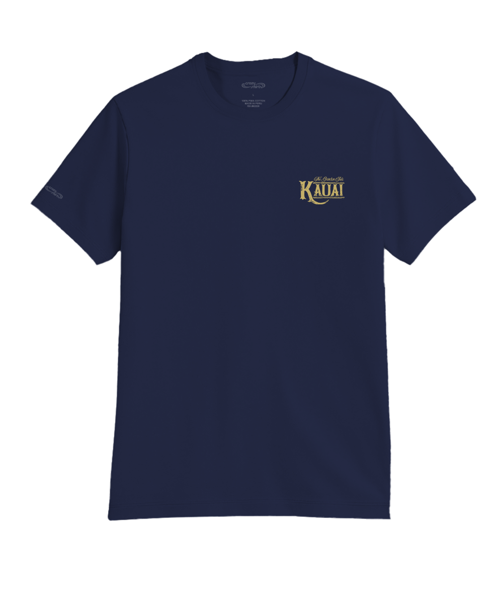 Navy blue t-shirt with a logo on a white background View 4