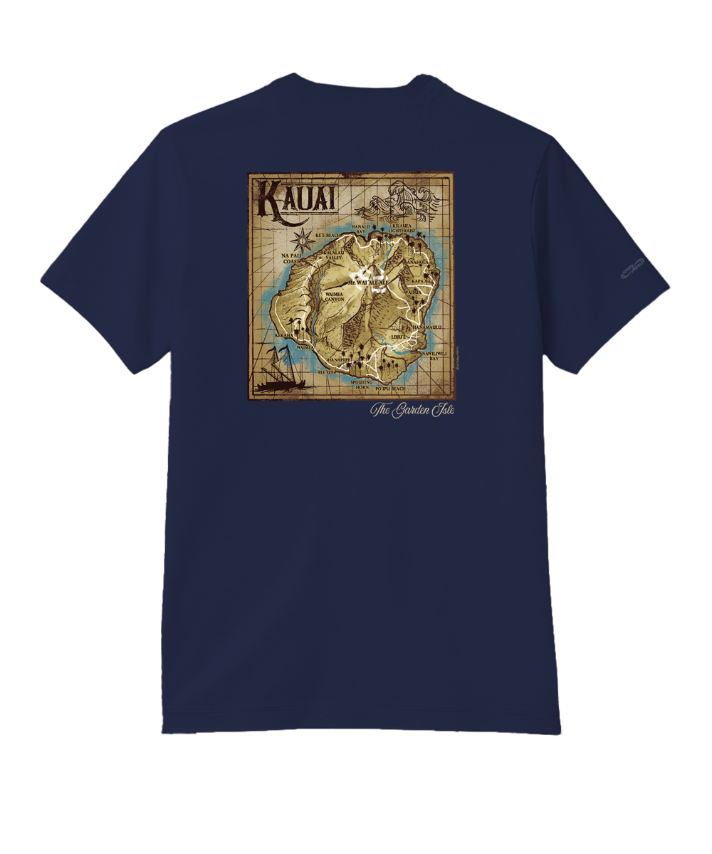 Navy blue t-shirt with a map of Kauai design on the back against a white background View 1