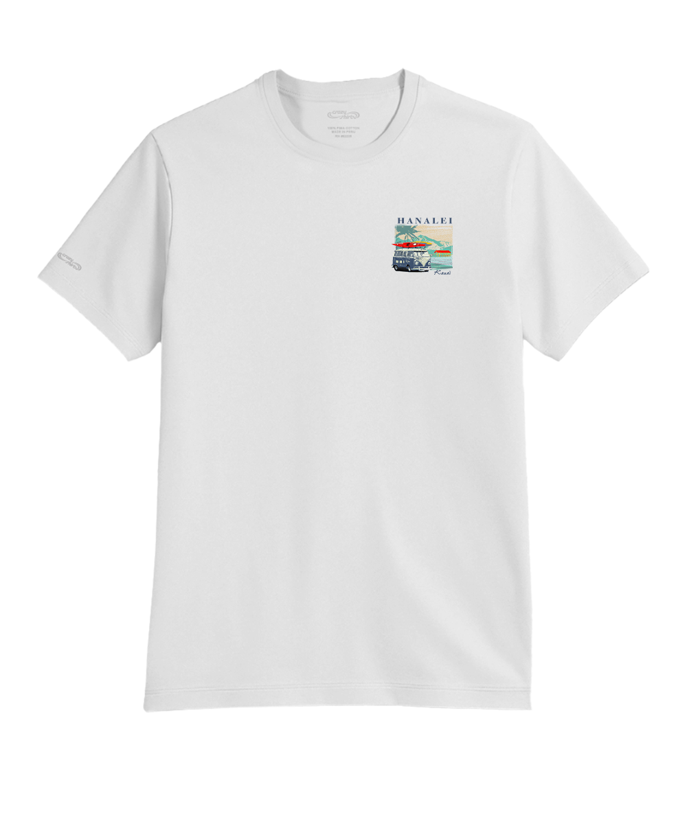 White t-shirt with a small graphic on the chest against a white background View 4