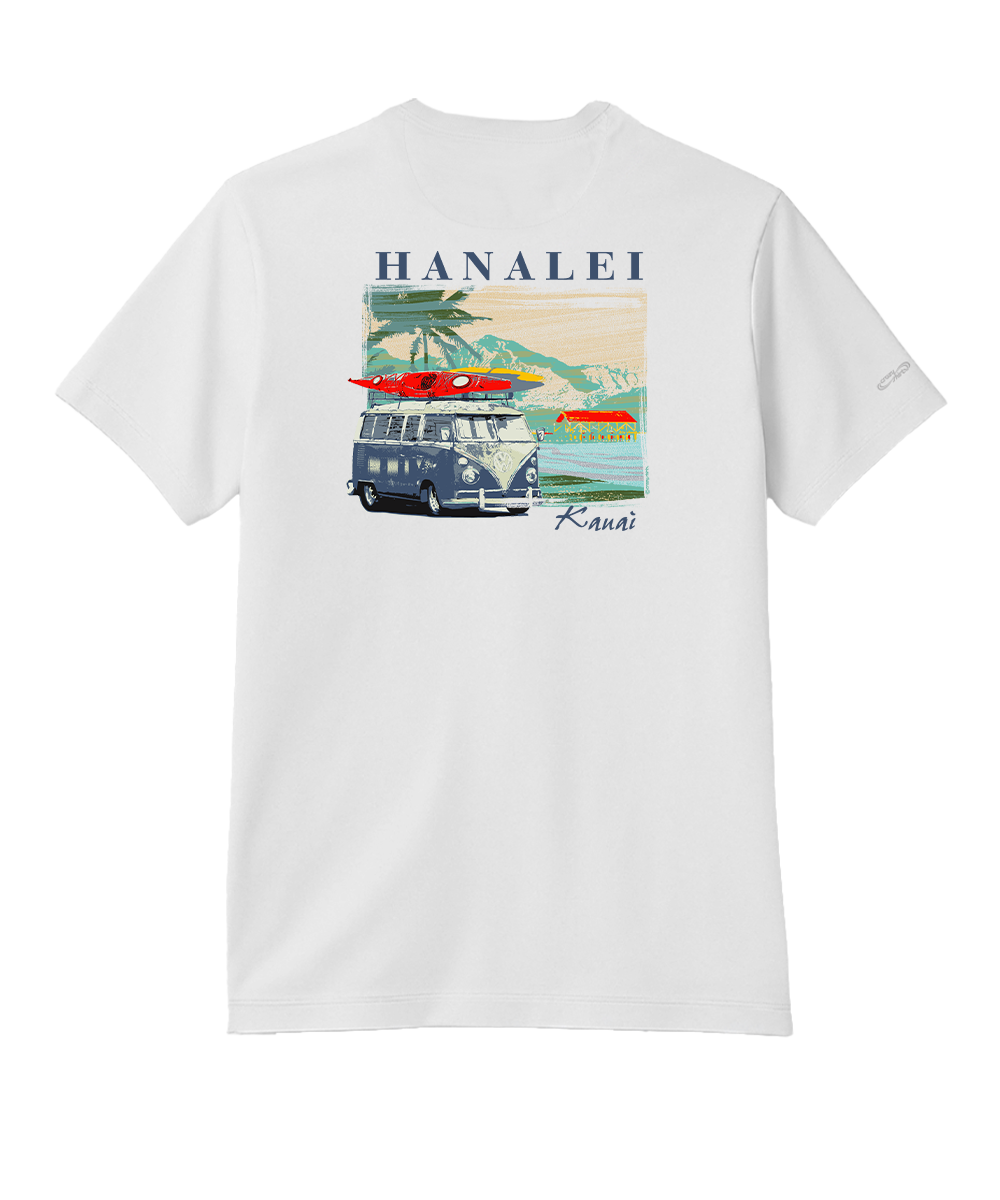 White t-shirt with a graphic design on the back featuring a van, surfboards, and text. View 1