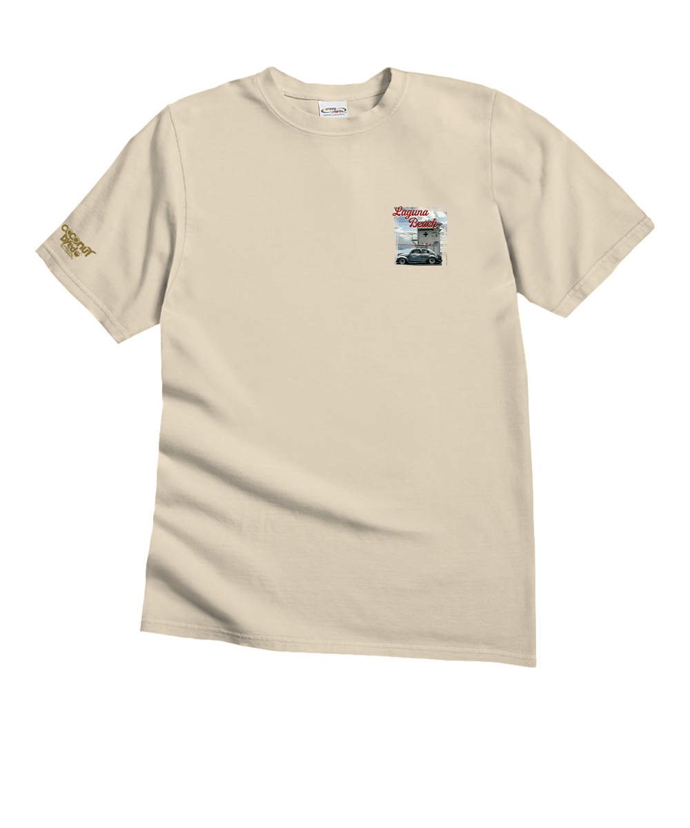 Beige t-shirt with a small graphic on a white background View 4