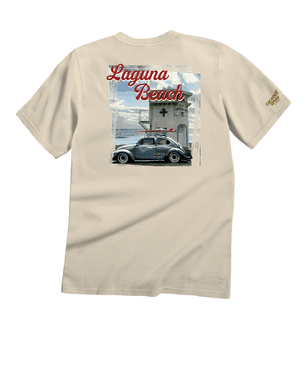 Beige t-shirt with a graphic of a car and 'Laguna Beach' text on the back, on a white background. View 1