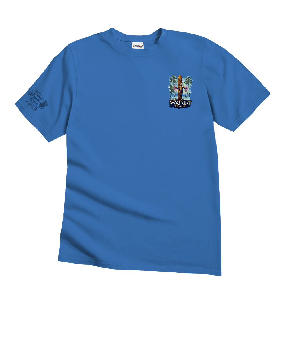 Blue t-shirt with a small chest graphic on a white background View 4