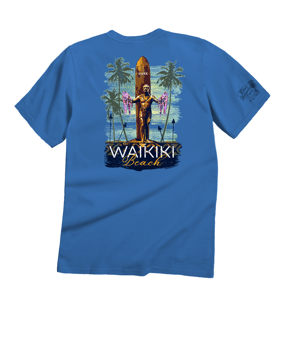 Blue t-shirt with Waikiki Beach graphic design featuring a statue and palm trees. View 1