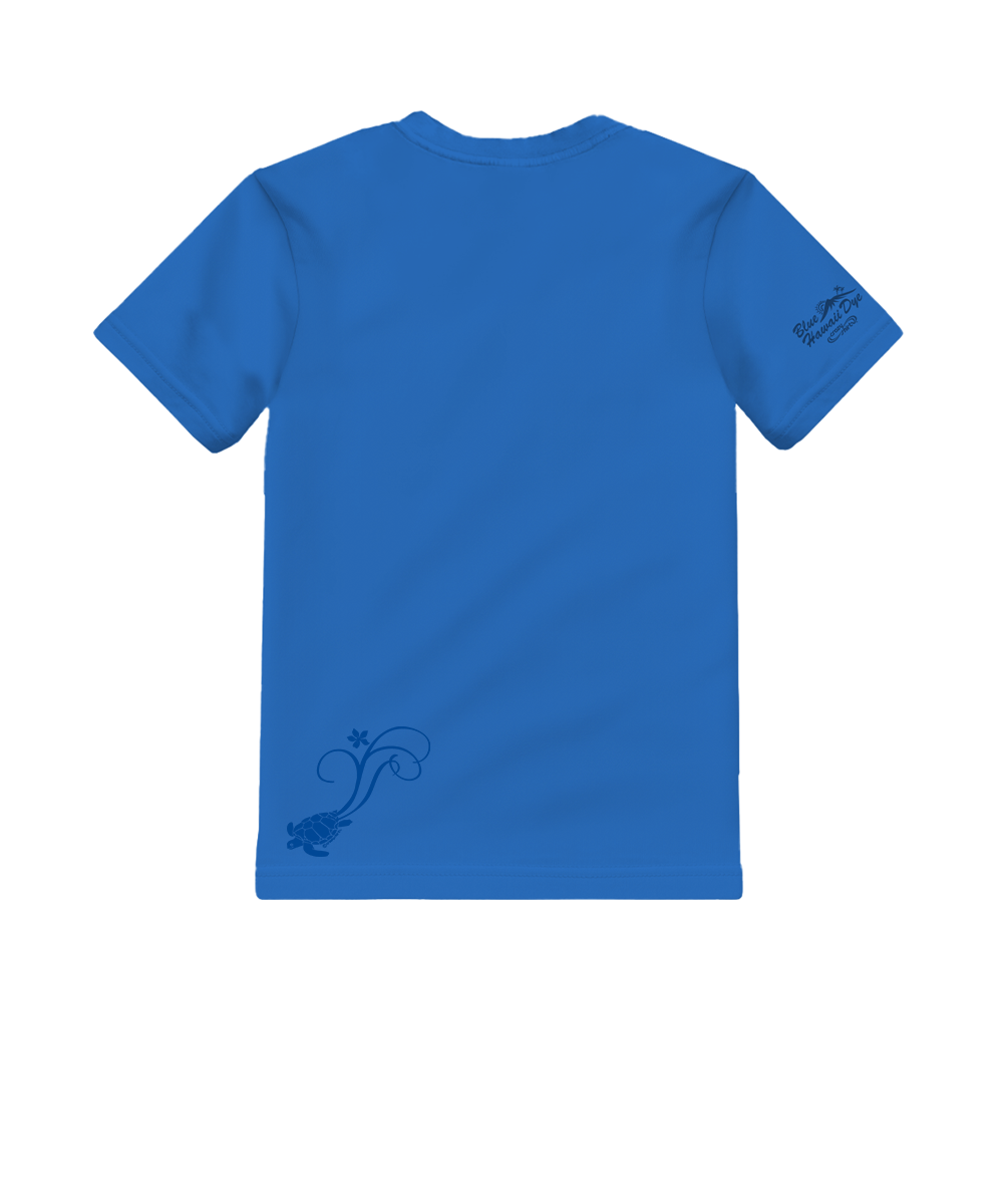 Blue t-shirt with a small design on the back against a white background View 4