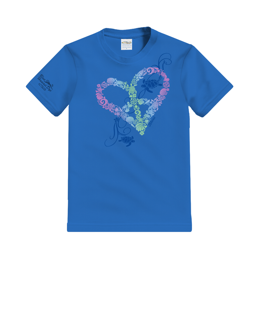 Blue t-shirt with a colorful heart-shaped floral design on a white background View 1