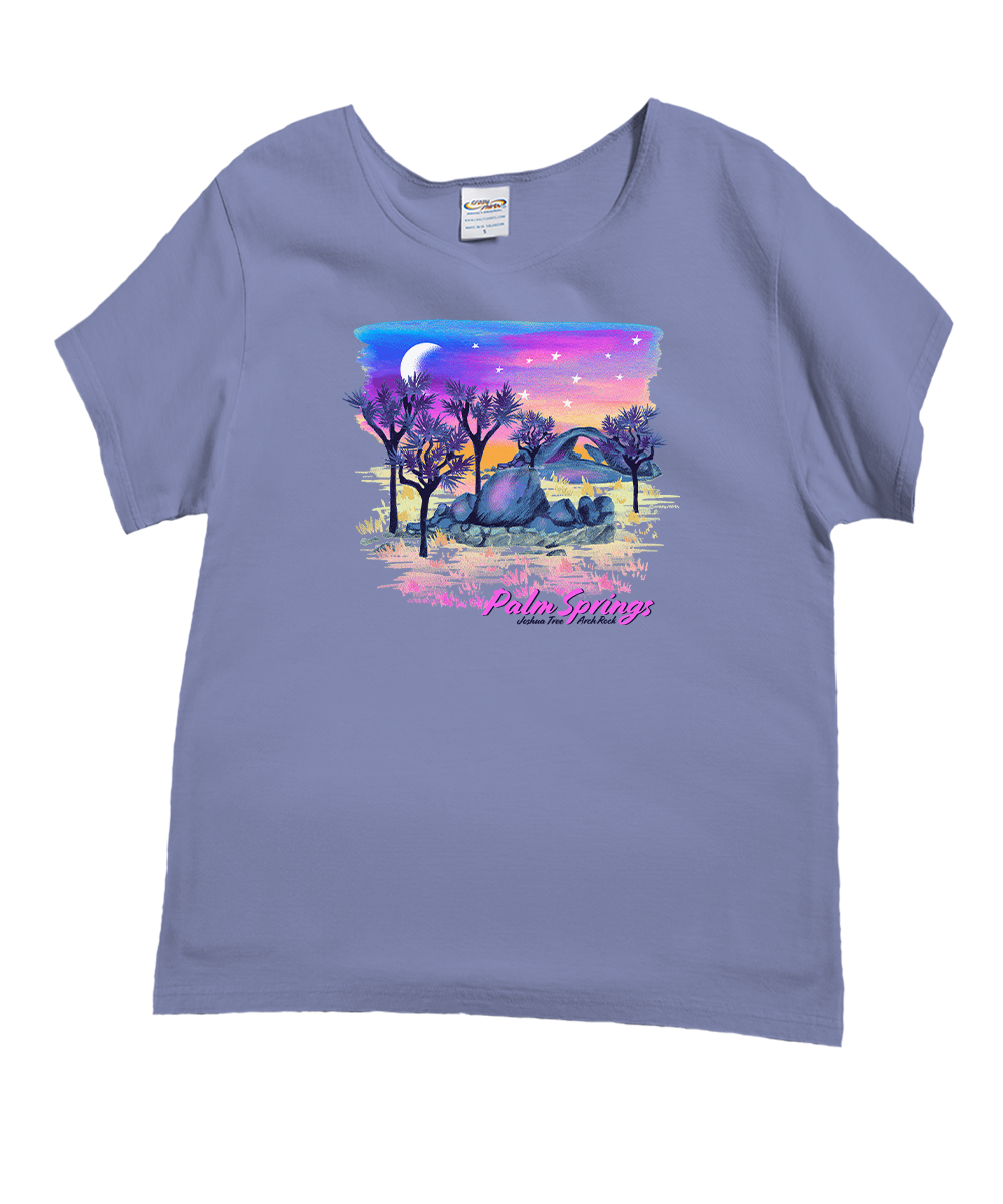 Purple t-shirt with a colorful desert landscape graphic and 'PALM SPRINGS' text on a white background View 1