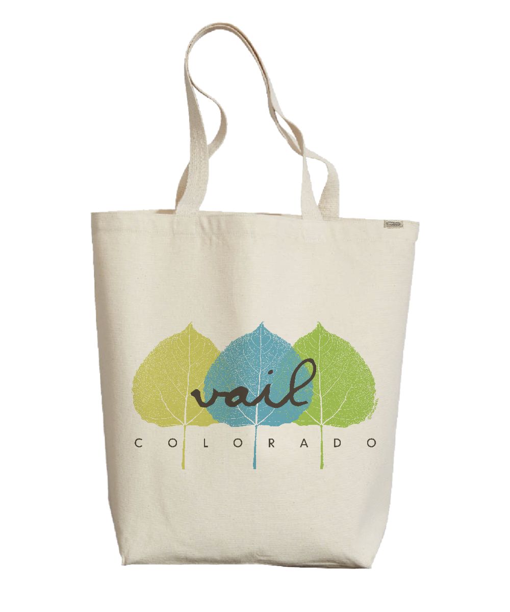 Tote bag with 'Vail Colorado' design featuring three leaves on a white background