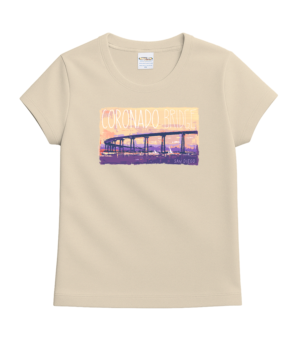 Beige t-shirt with a graphic of a bridge at sunset on a white background View 1