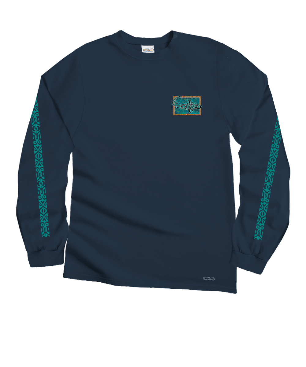 Navy blue long-sleeve shirt with green patterns on a white background View 4