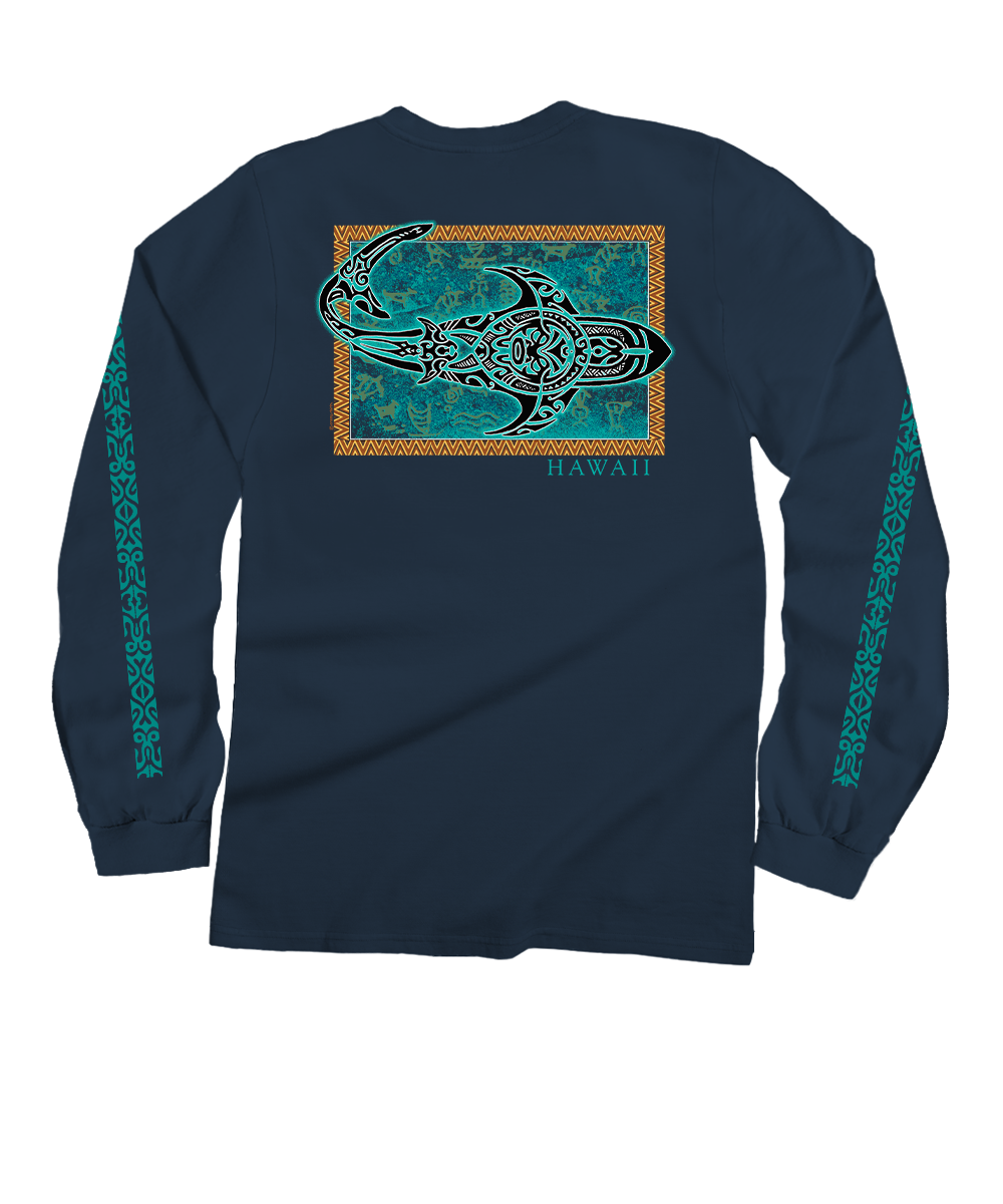 Navy blue long-sleeve shirt with a graphic design on the back, featuring 'Hawaii' text. View 1