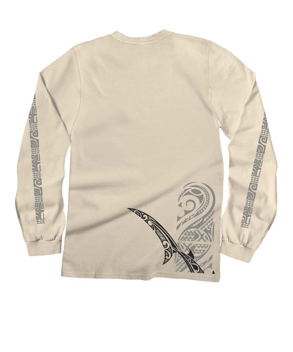 Beige long-sleeve shirt with black tribal design on a white background View 4