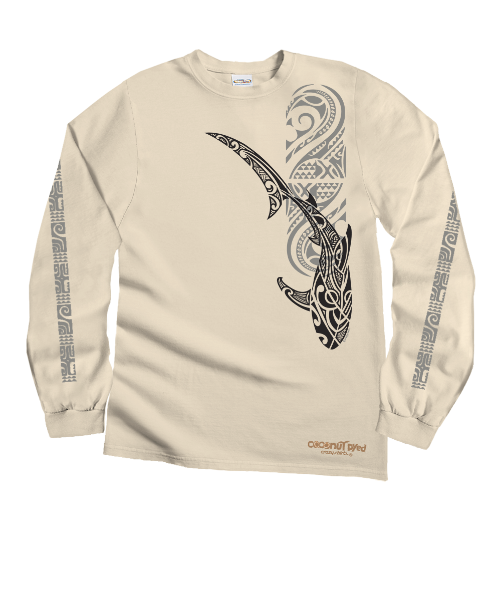Beige long-sleeve shirt with black graphic design on a white background View 1