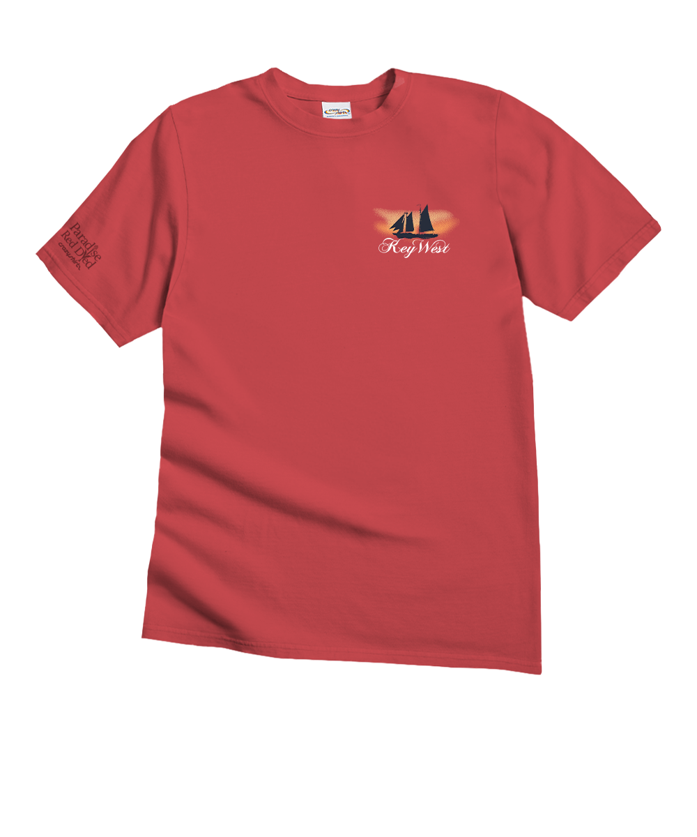 Red t-shirt with a small key west logo on a white background View 4