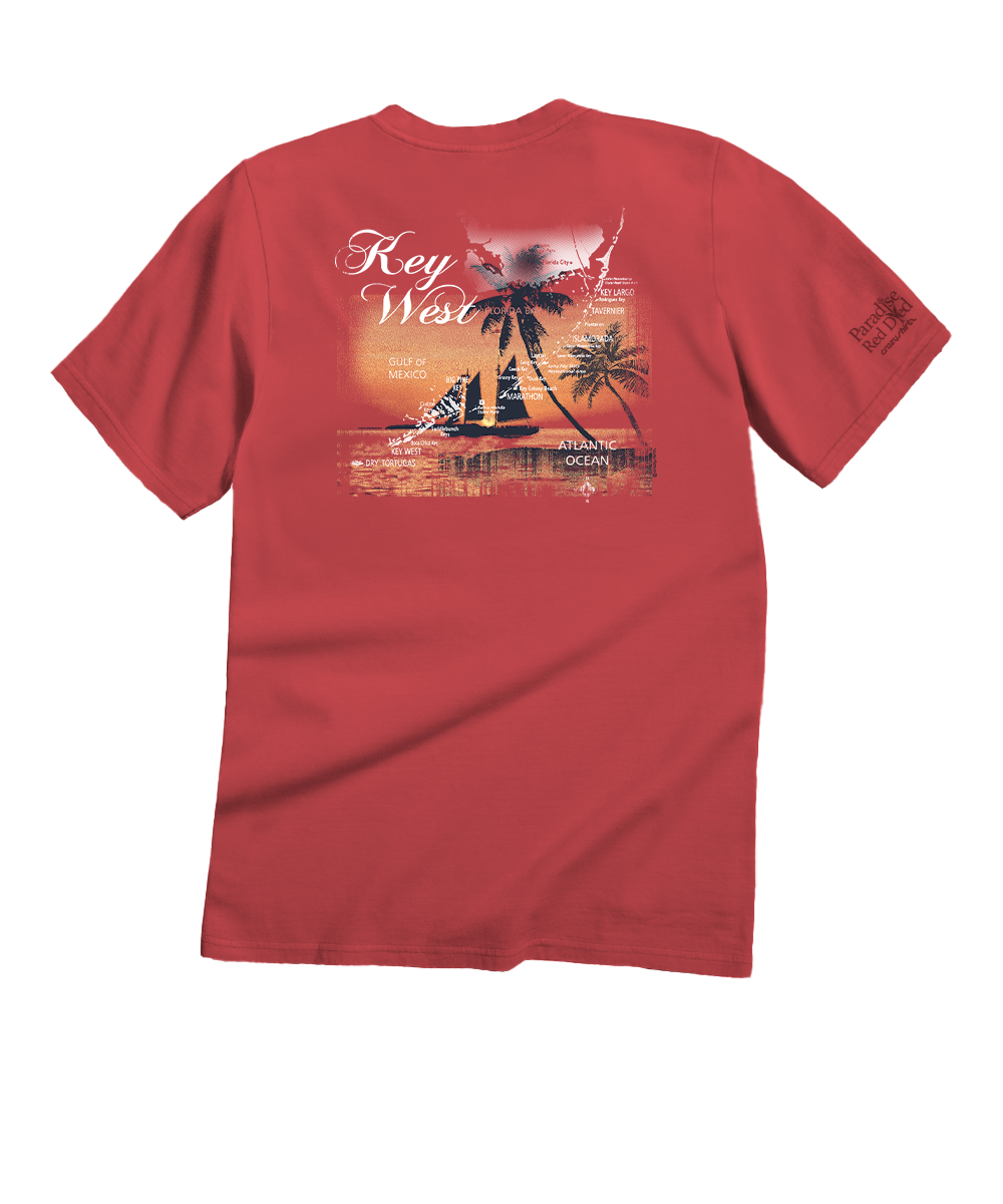 Red t-shirt with a 'Key West' graphic on the back against a white background View 1
