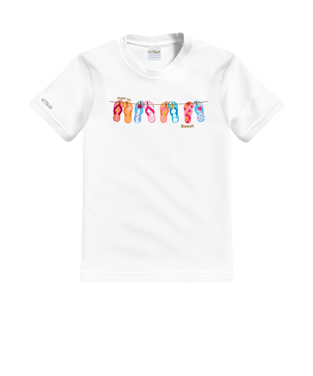 White t-shirt with colorful flip-flop design on a white background View 1
