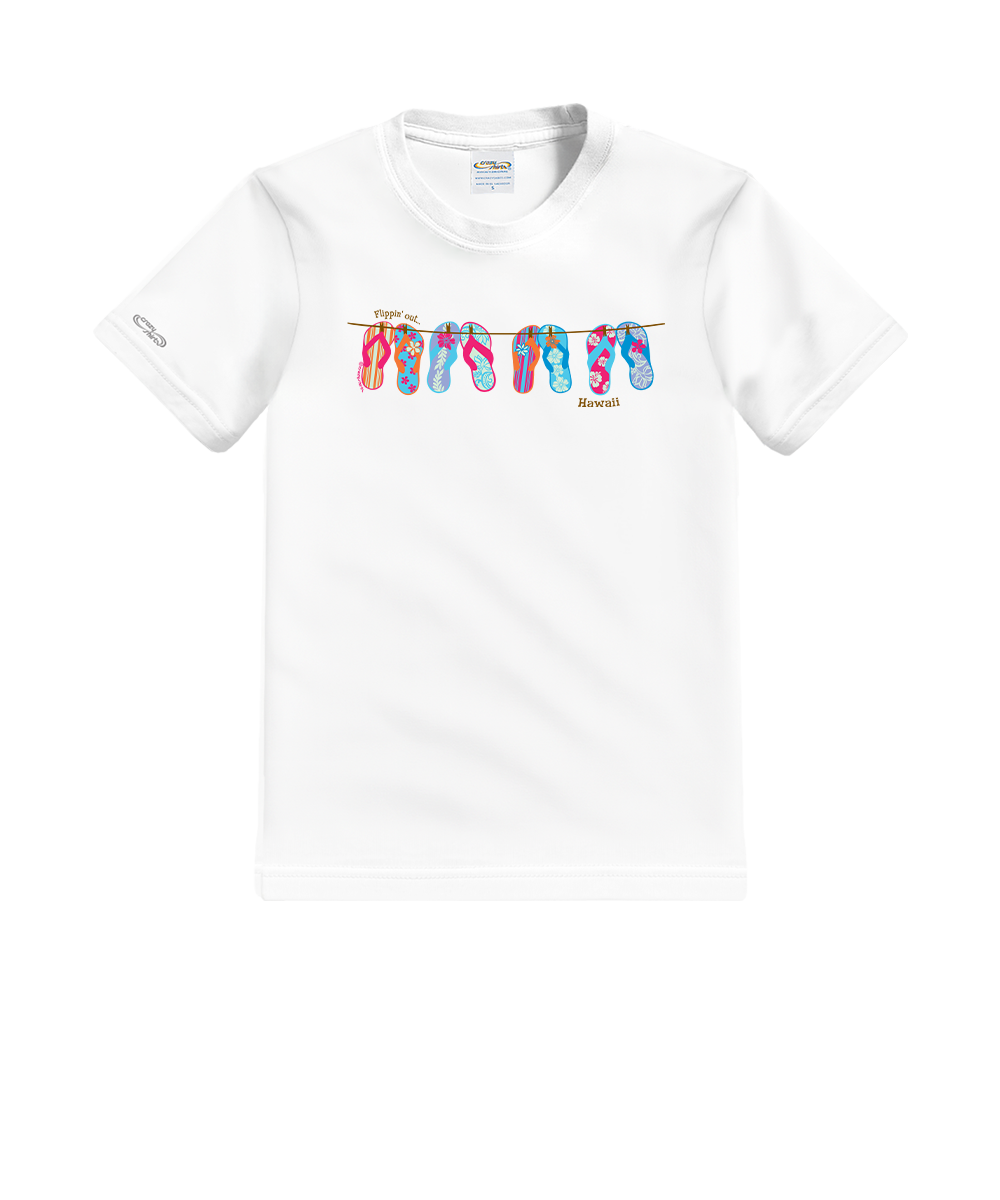 White t-shirt with colorful flip-flop design on a white background View 1