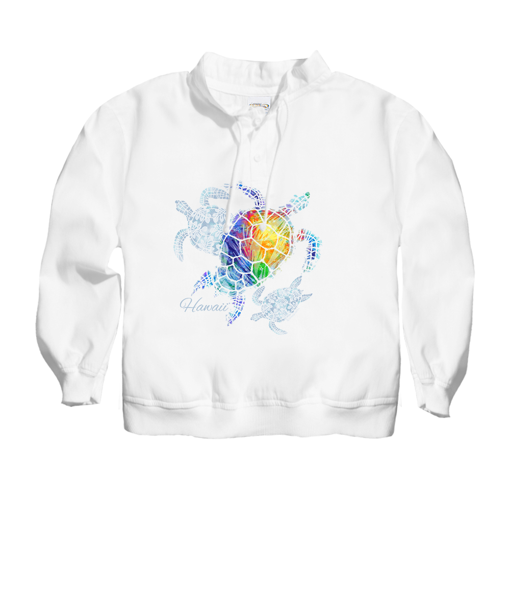 White hoodie with a colorful turtle design on a white background View 1