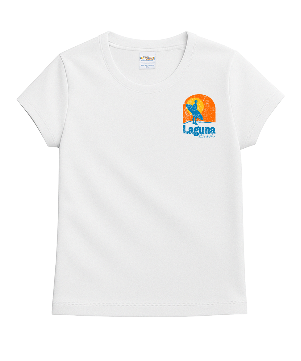 White t-shirt with a colorful logo and text on a white background View 4
