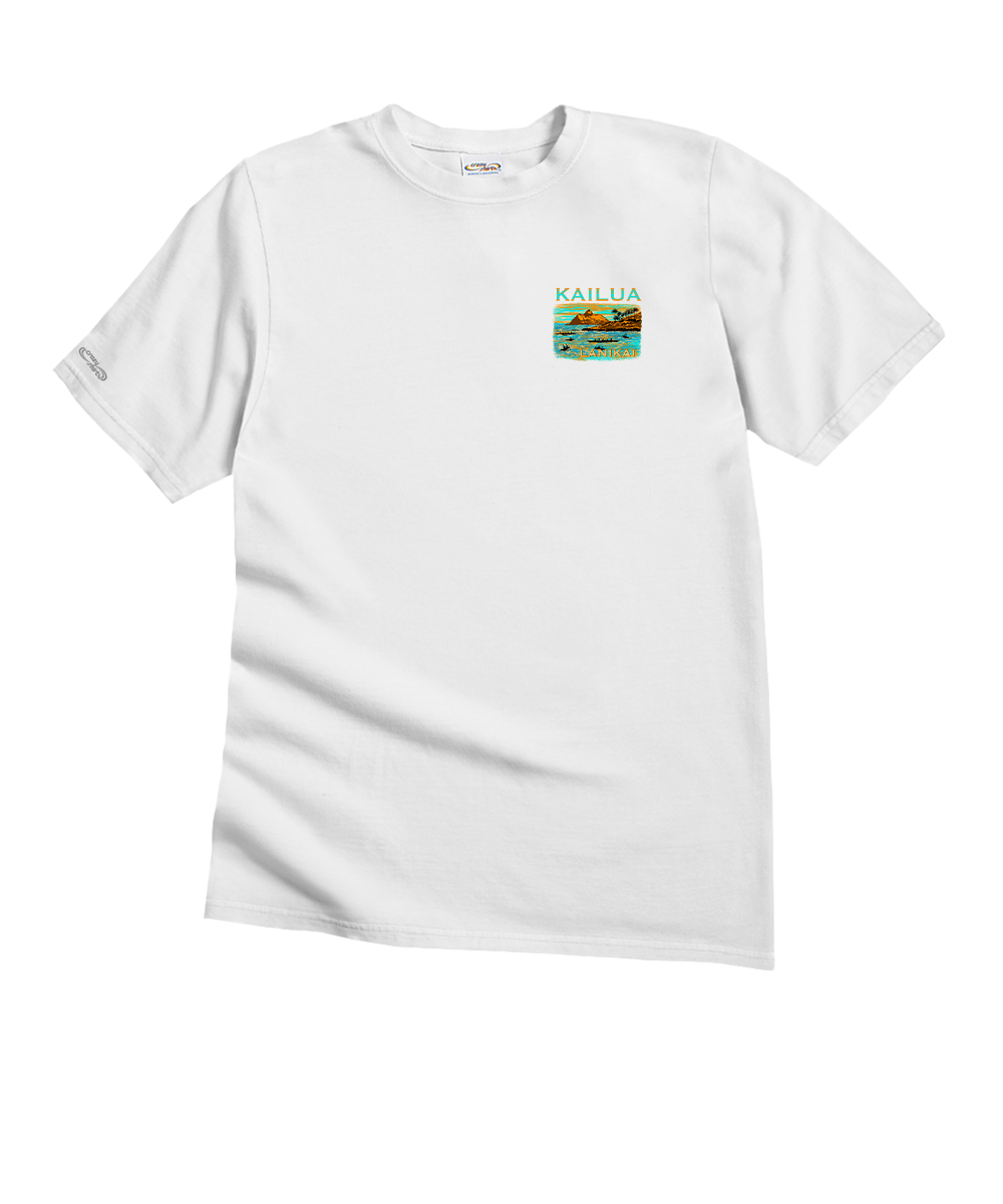 White t-shirt with a small graphic on a white background View 4