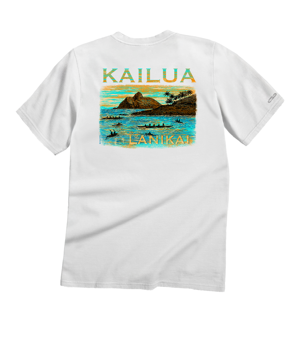 White t-shirt with a colorful graphic and text on the back, displayed on a white background. View 1