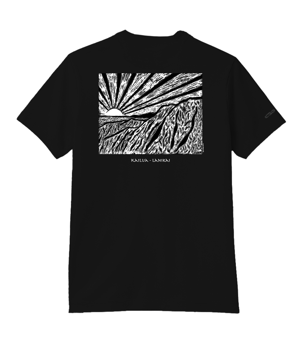 Black t-shirt with a white graphic design on the back against a white background View 1