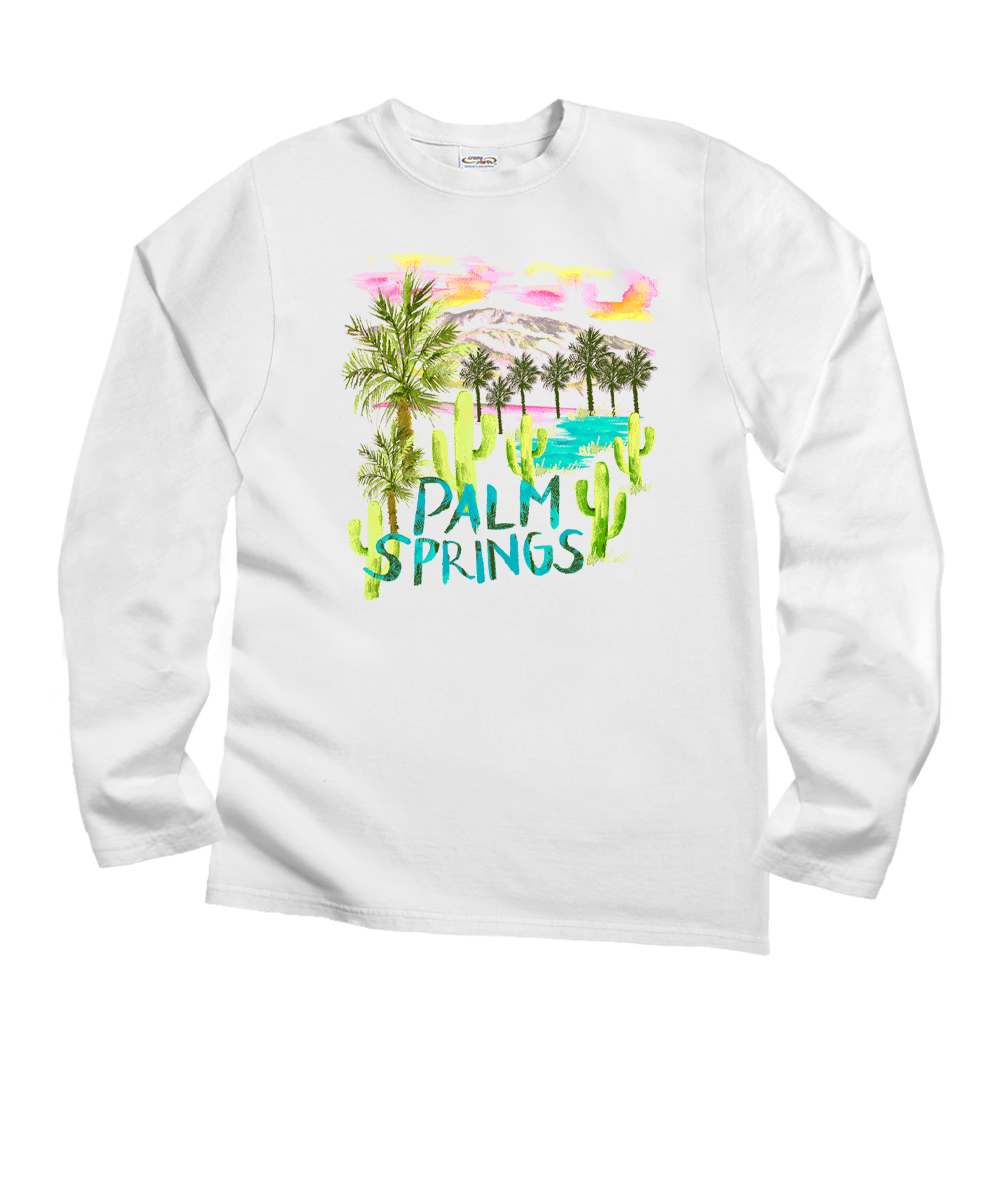 White long-sleeve shirt with 'Palm Springs' graphic design on a white background View 1