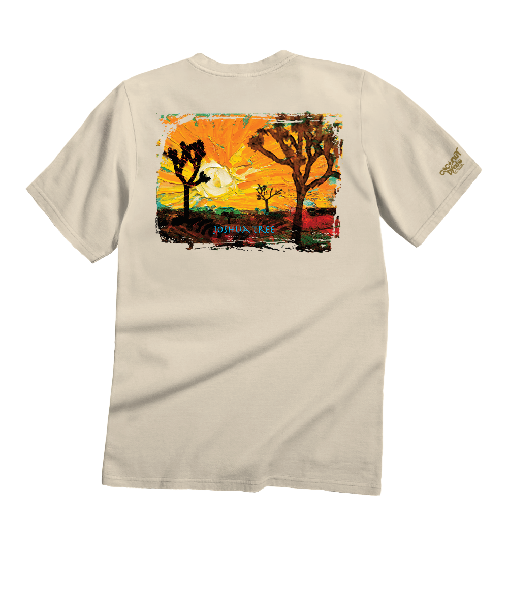Beige t-shirt with a desert landscape graphic on a white background View 1