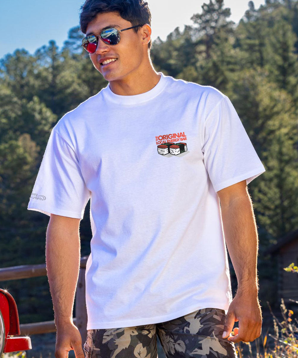 Man wearing a white tee with a spam musubi design on the front chest View 3