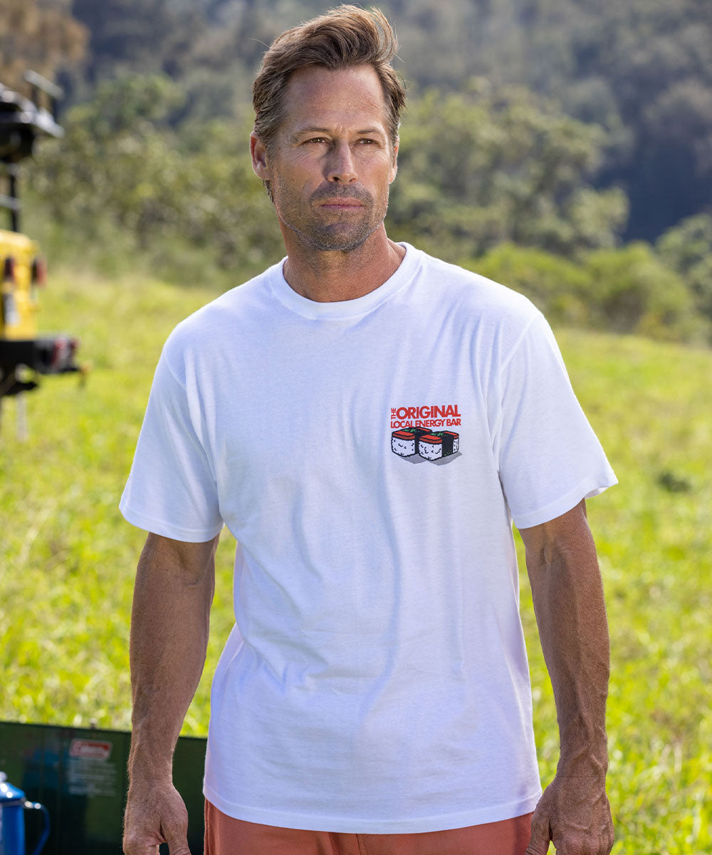 Man wearing a white tee with a spam musubi design on the front chest View 3