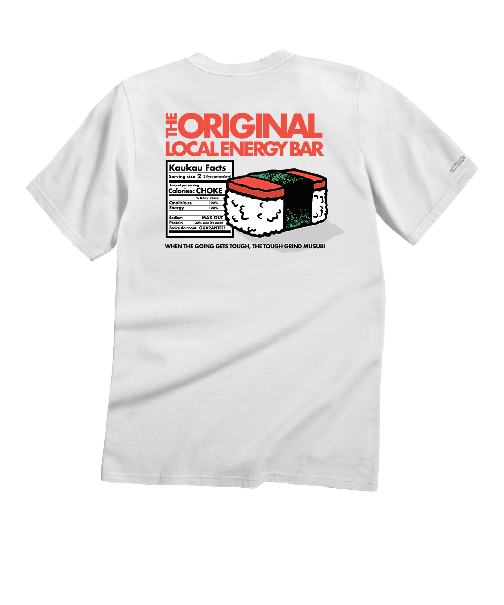 White t-shirt with red and black graphic on the back on a white background View 1