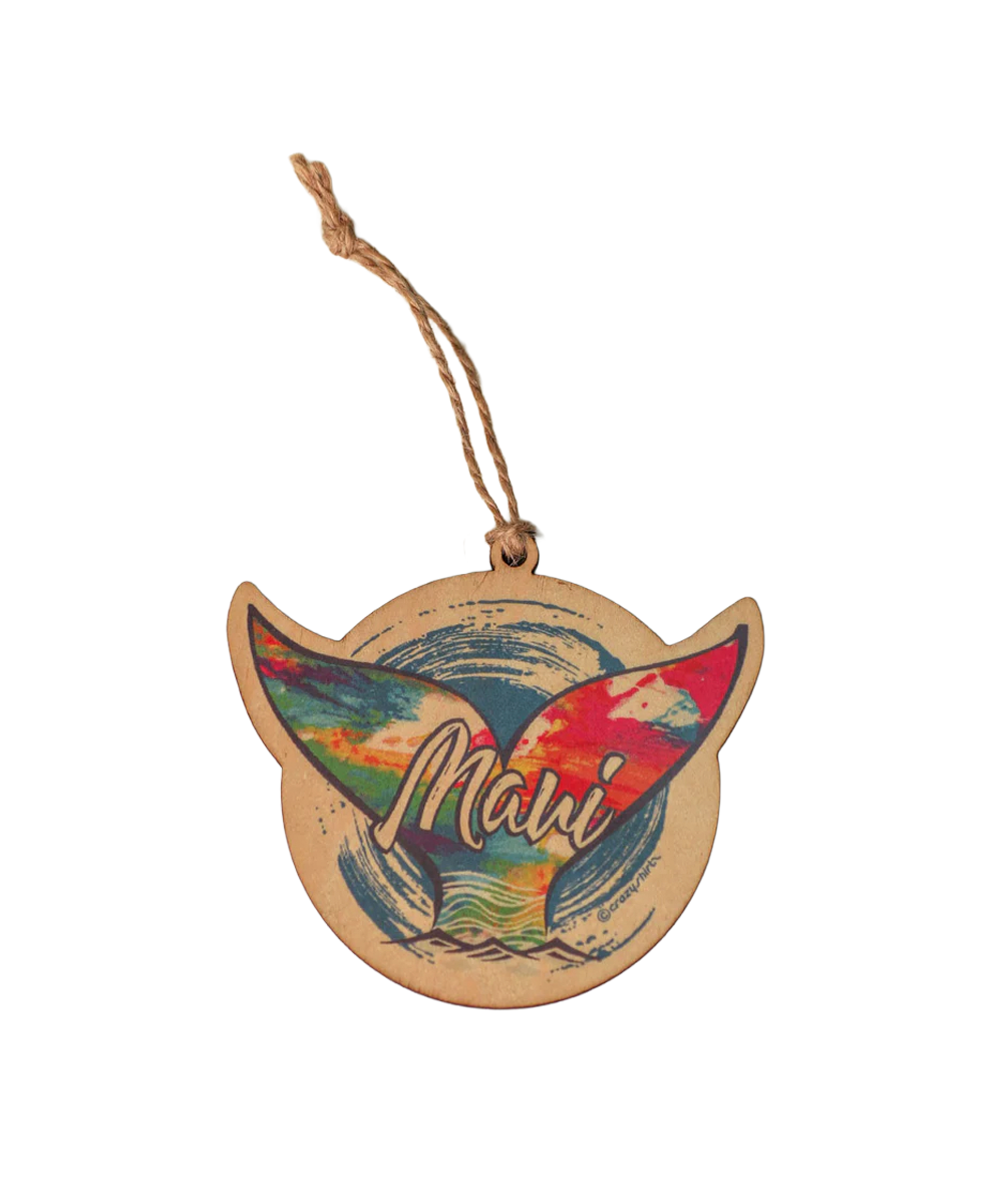 Colorful 'Maui' design on a wooden ornament with a string, on a white background View 1