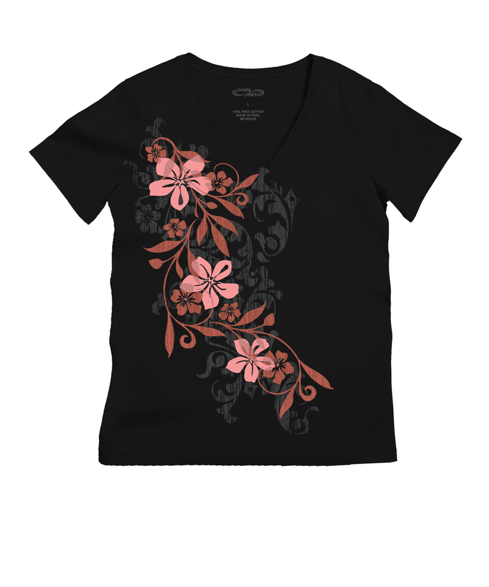 Black t-shirt with pink floral design on a white background View 1