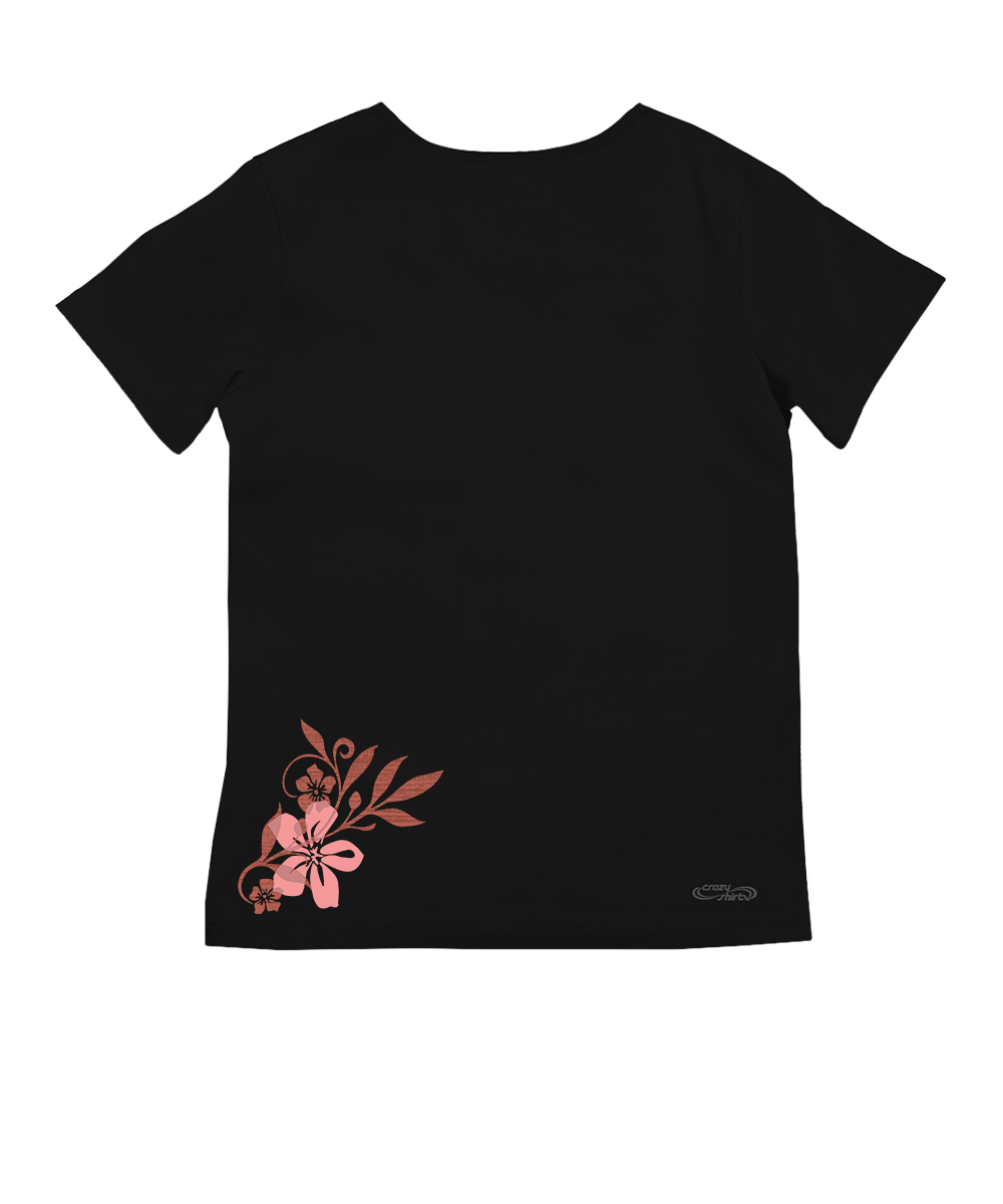 Black t-shirt with a pink floral design on the back against a white background View 4