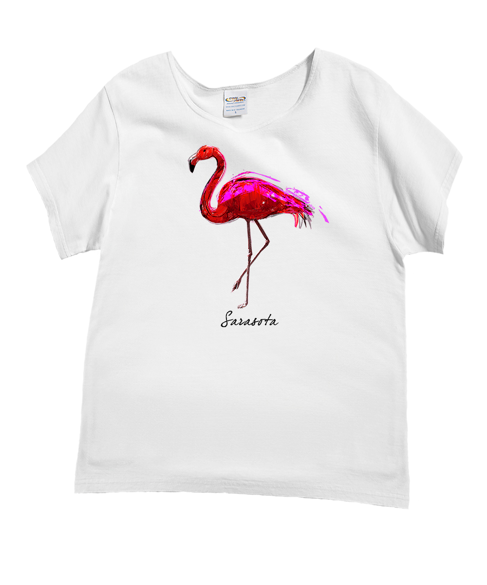 White t-shirt with a pink flamingo graphic and 'Savanna' text on a white background View 1