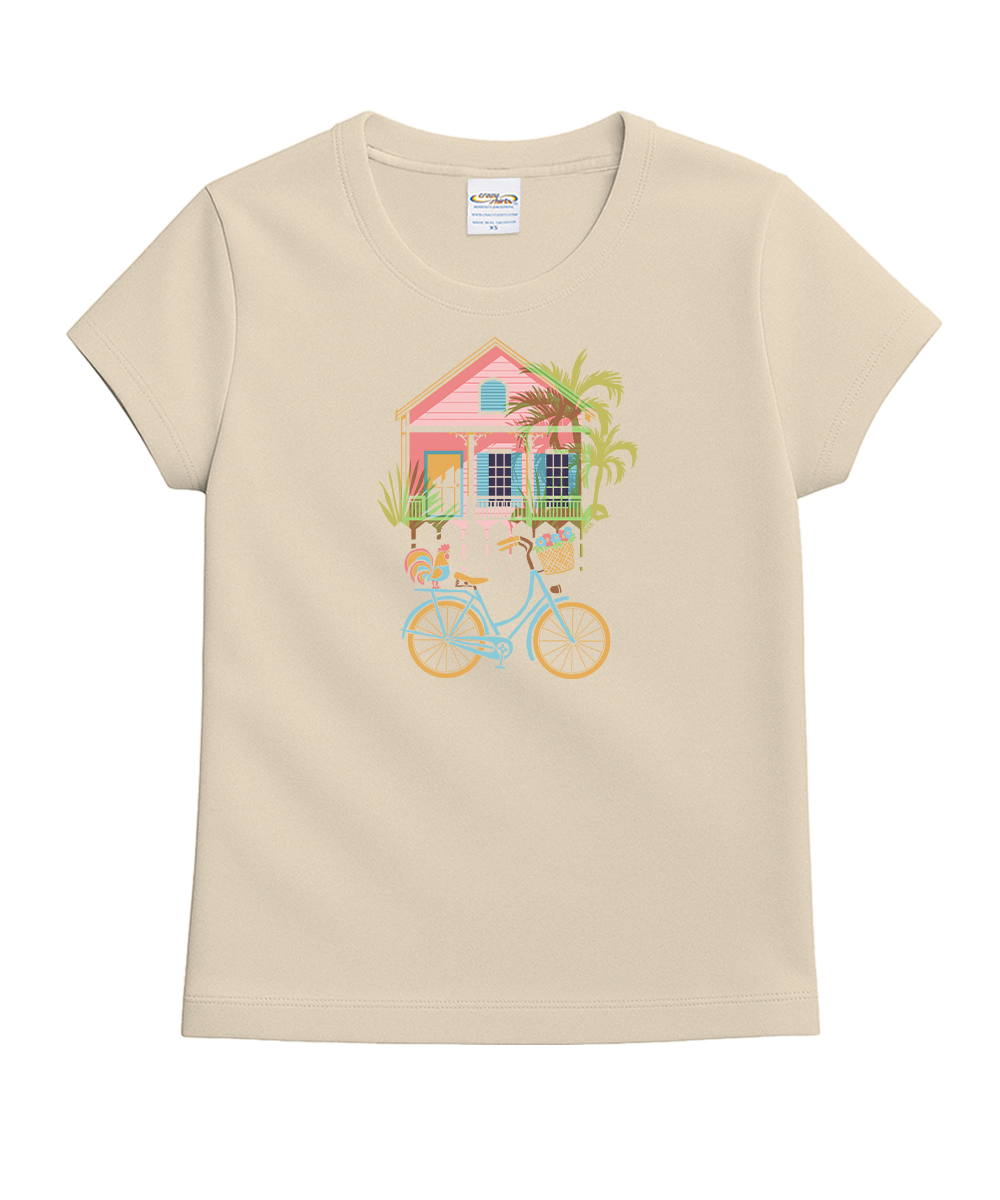 Beige t-shirt with a colorful house and bicycle graphic on a white background View 1