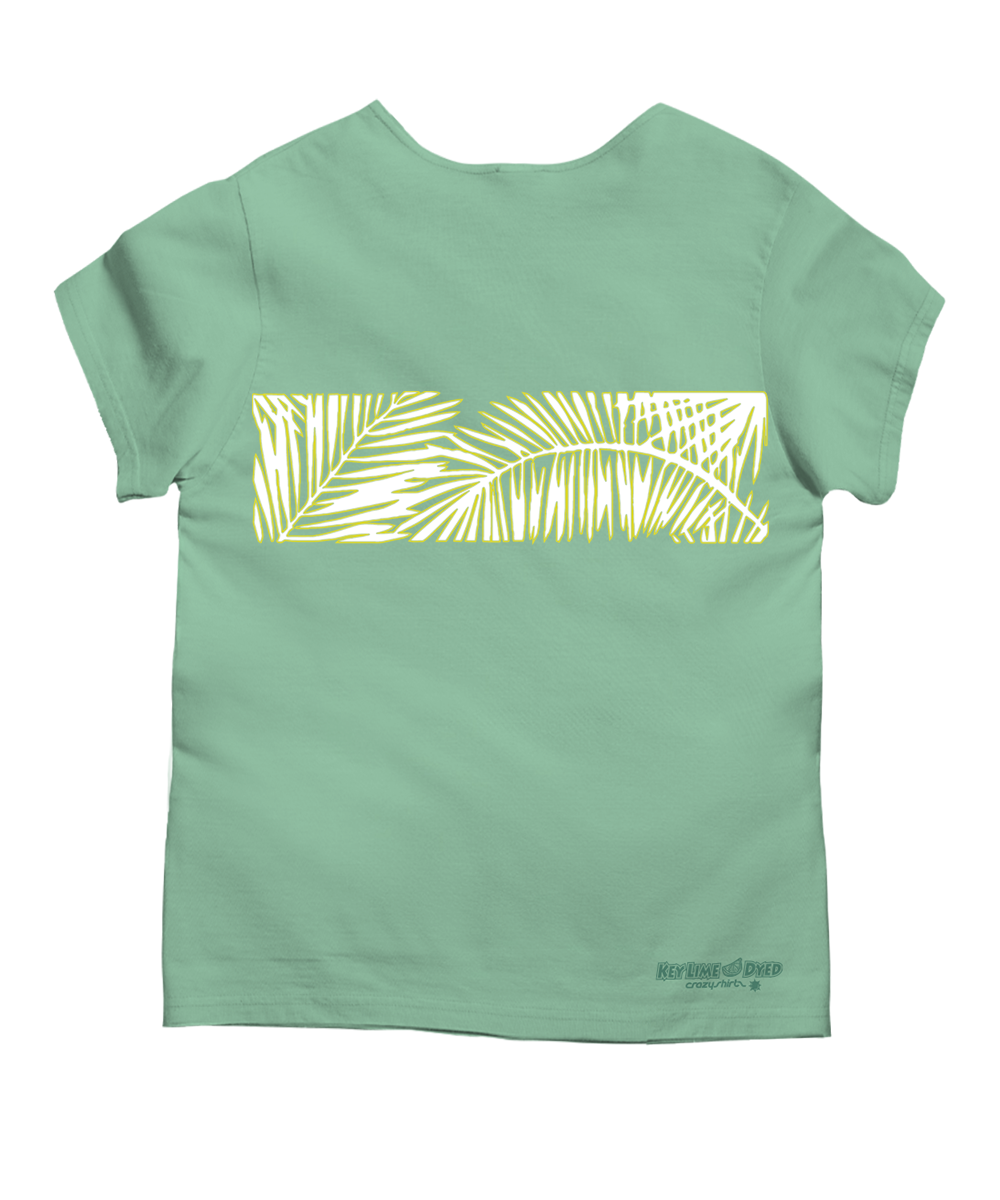 Green scoop neck shirt with a palm tree graphic design on a white background View 4