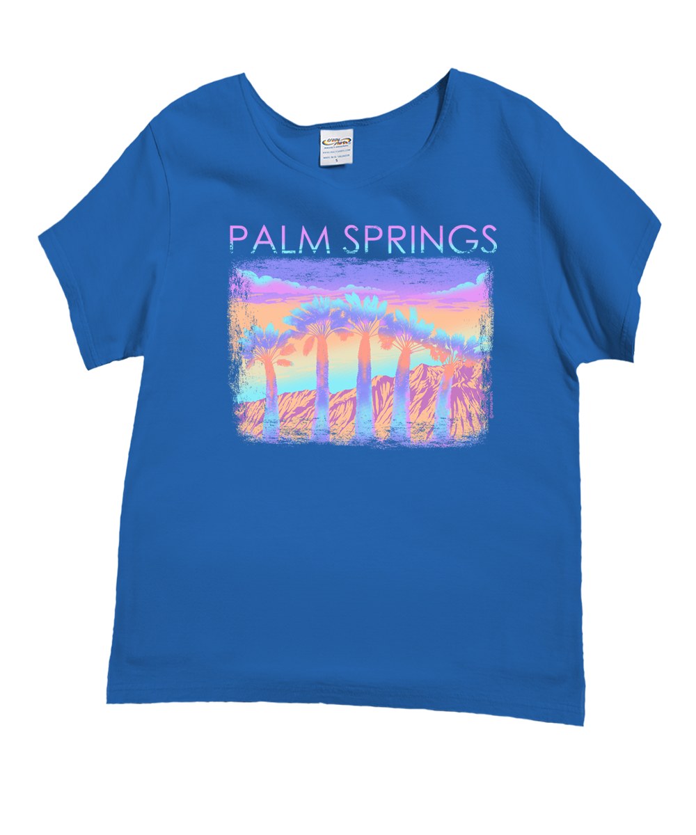 Blue t-shirt with 'Palm Springs' and a desert landscape graphic on a white background View 1