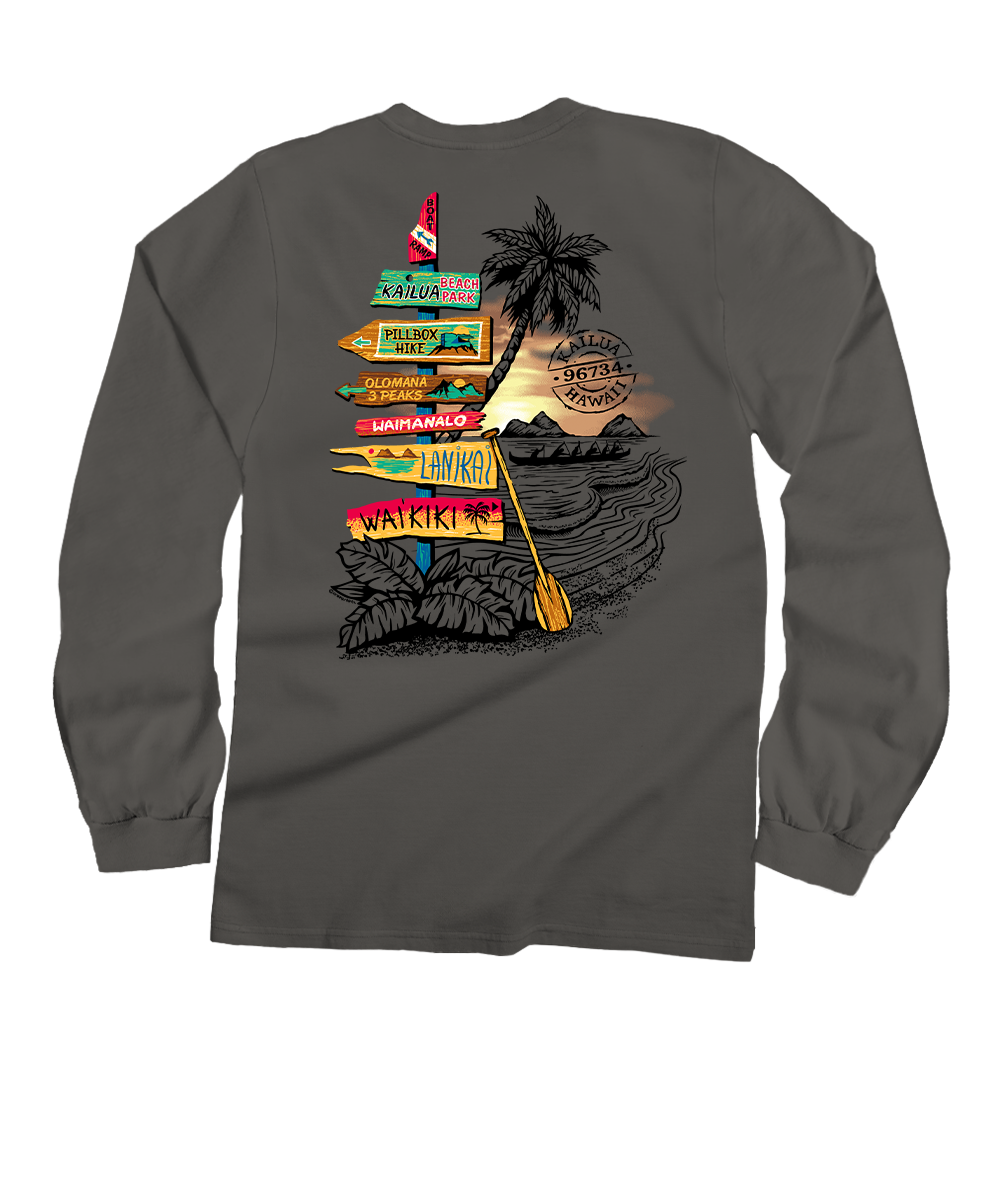 Gray long-sleeve shirt with a colorful graphic on the back featuring palm trees and directional signs. View 1