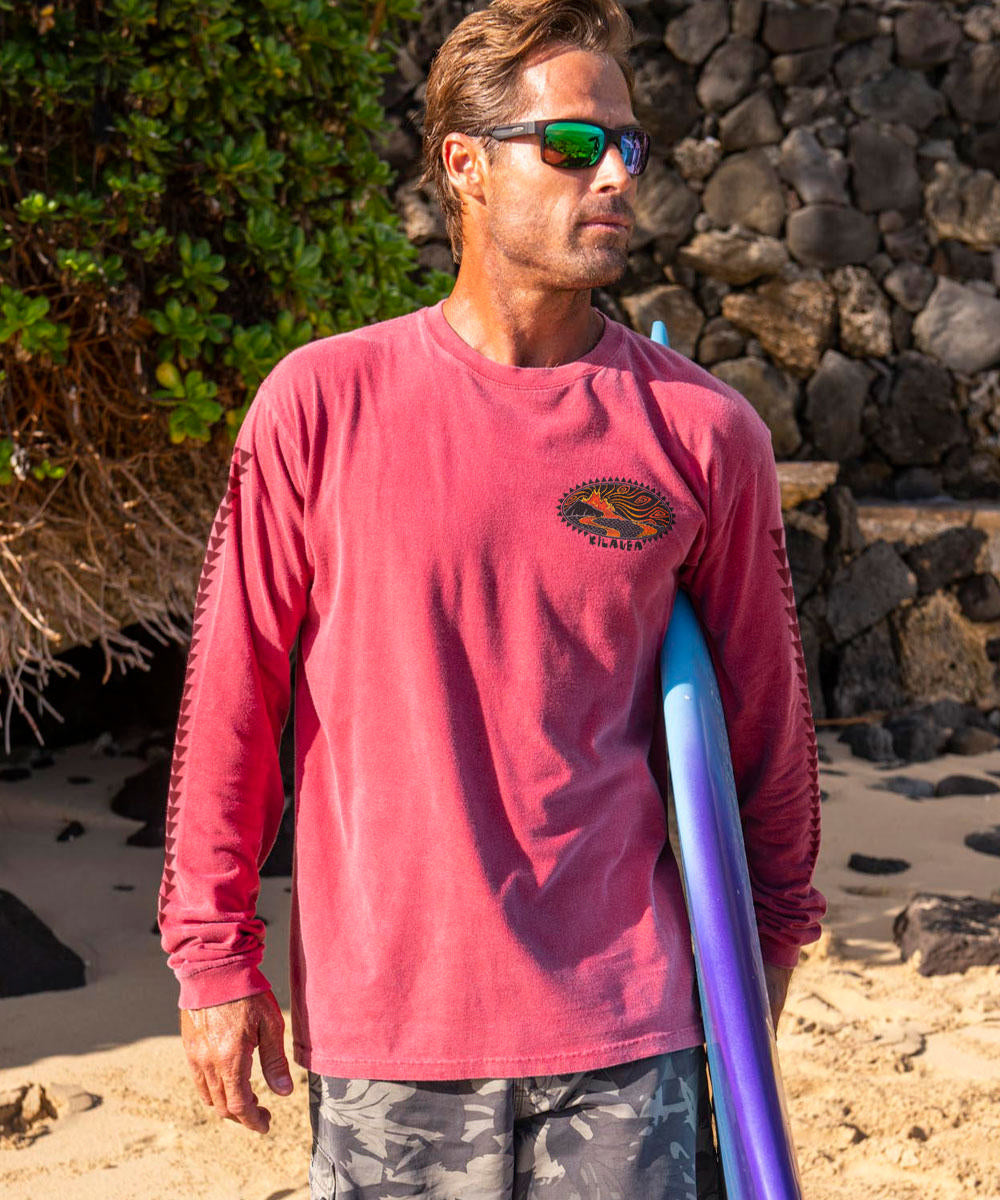 Woodcut Kilauea - Paradise Red Dyed Long Sleeve Crewneck T-Shirt