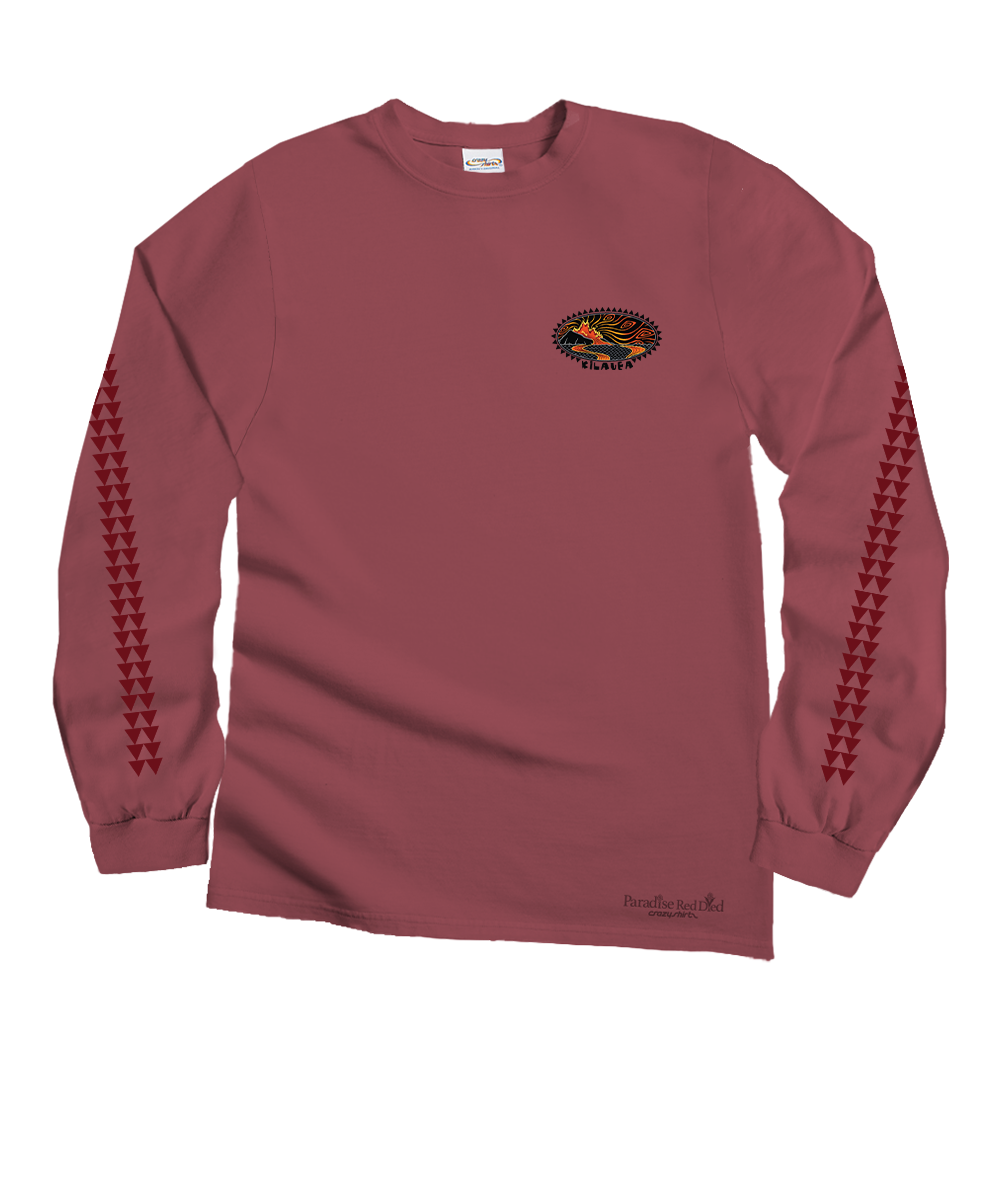 Woodcut Kilauea - Paradise Red Dyed Long Sleeve Crewneck T-Shirt