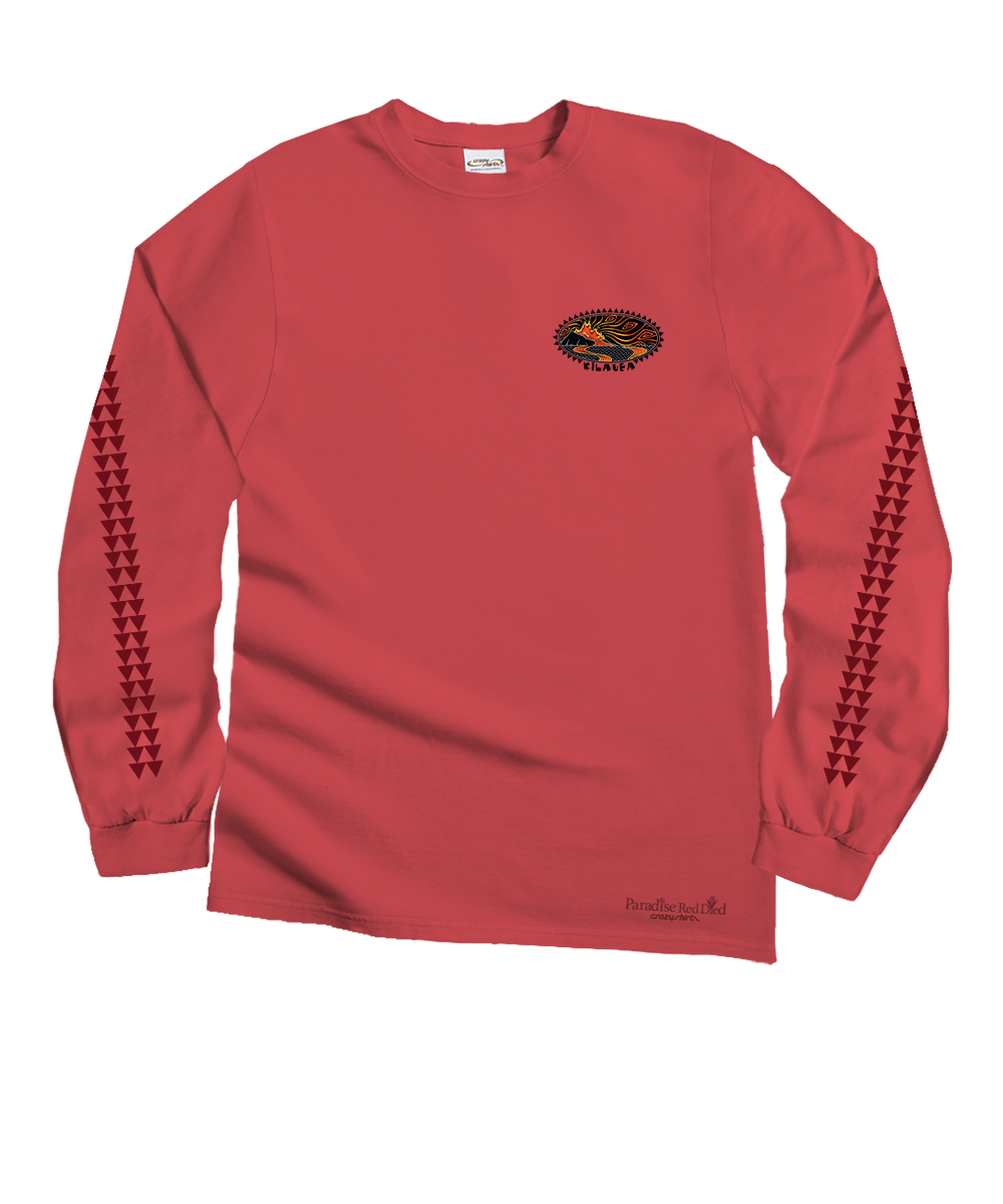 Red long-sleeve shirt with logo and chevron pattern on a white background View 4